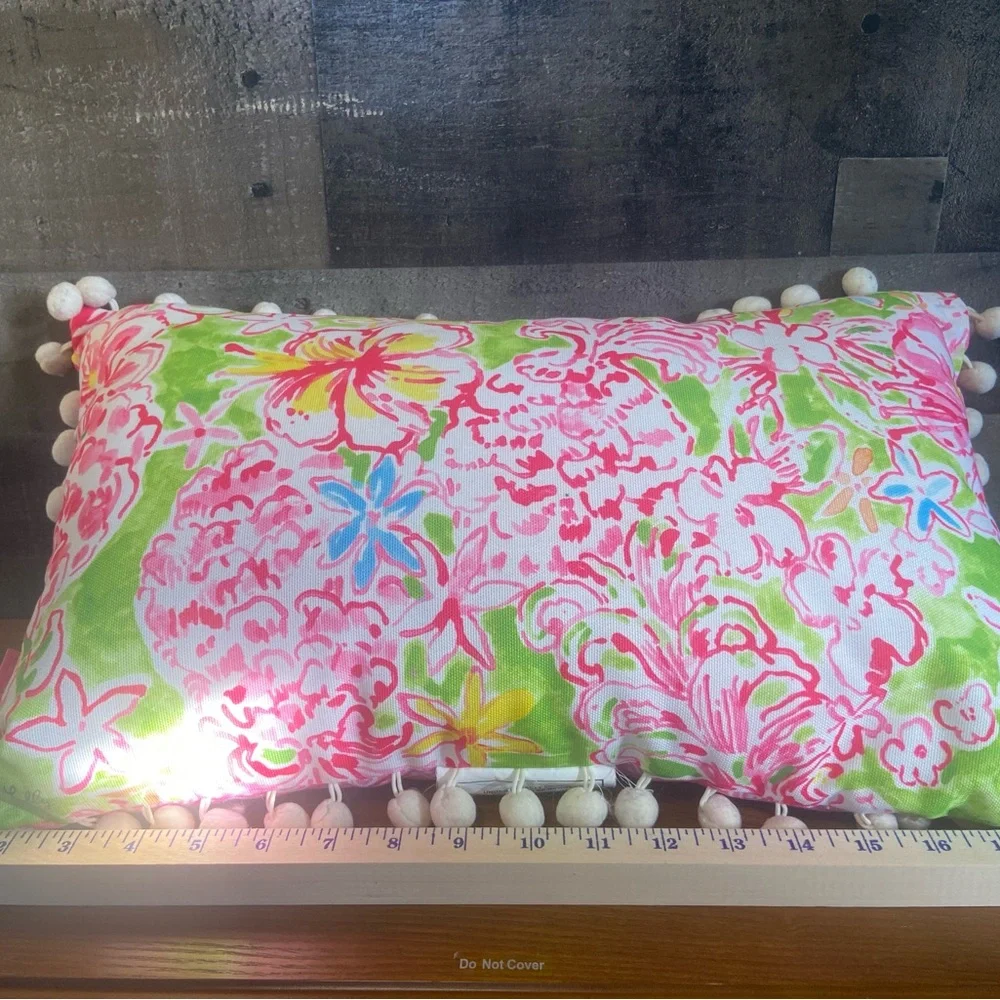 Lilly Pulitzer Floral Decorative Pillow with Pom Poms 12”x20” $30